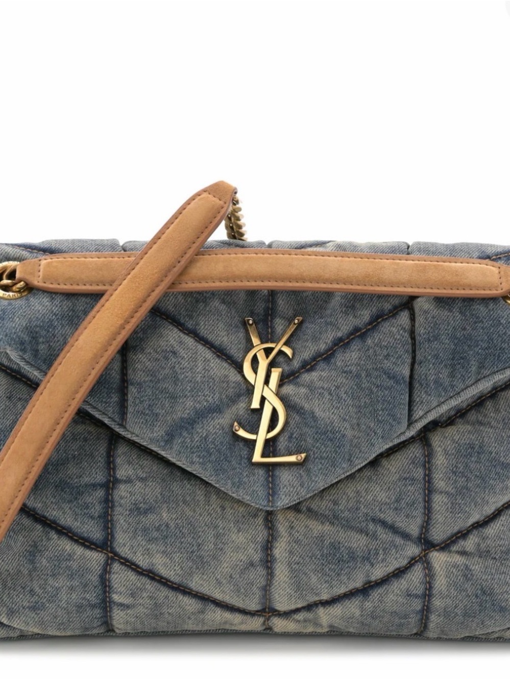 Saint Laurent Denim Quilted Shoulder Bag with Tan Trim and Gold YSL